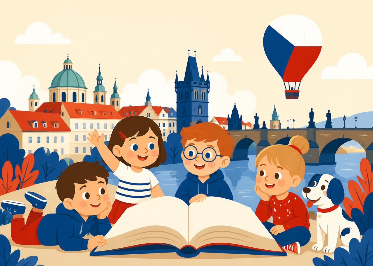 Дети читают книгу на фоне пражских крыш и Карлова моста